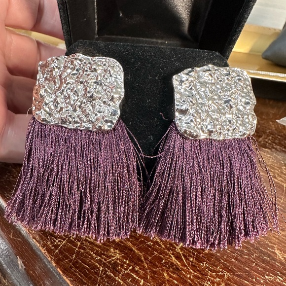 Abstract silvertone and purple fringe earrings - Picture 3 of 5